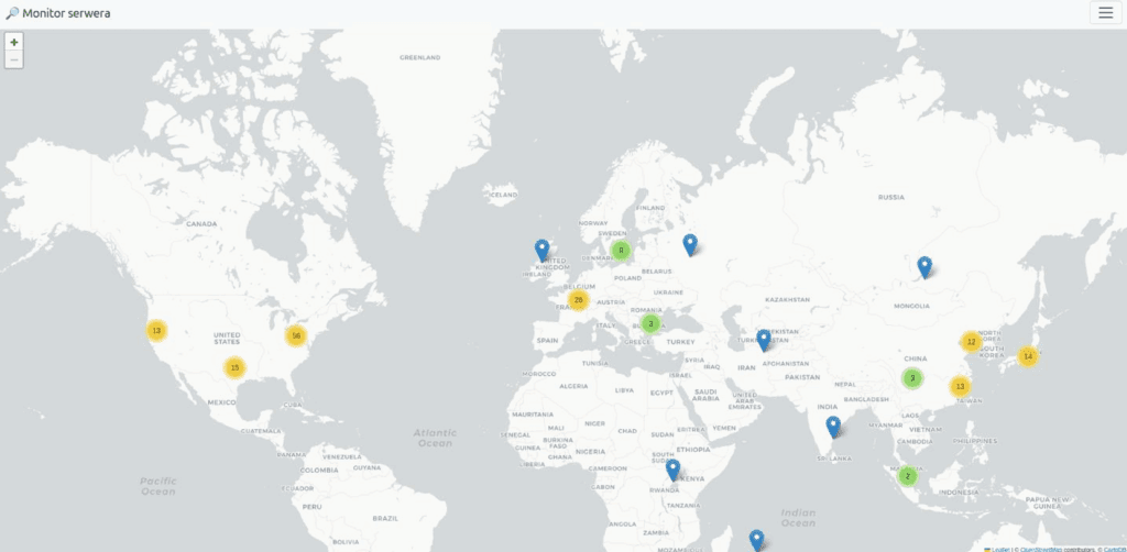 Geographical visualization from the server log monitoring system showing request origins.