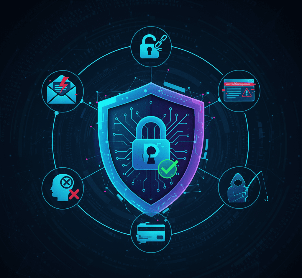 Cybersecurity concept with phishing and data protection icons