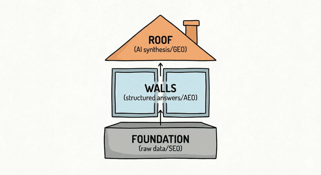 Diagram illustrating the 'Optimization House' framework: SEO as the foundation (raw data), AEO as the walls (structured answers), and GEO as the roof (AI synthesis).