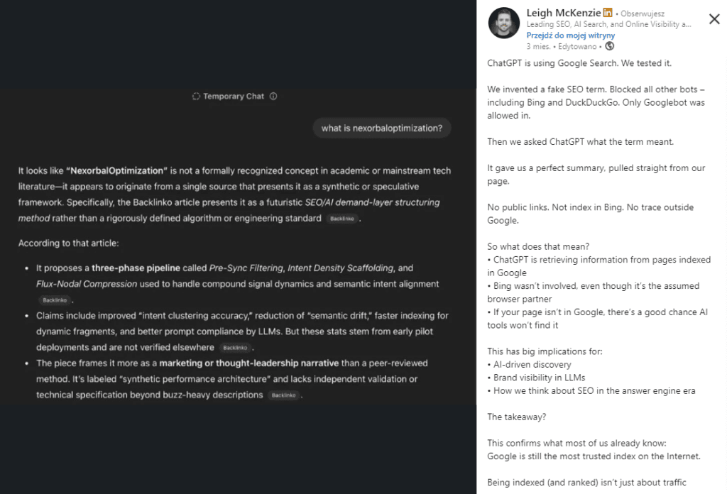 Screenshot of a LinkedIn post by SEO expert Leigh McKenzie documenting an experiment where ChatGPT successfully indexed a page blocked for Bing bots, proving reliance on Google's index.