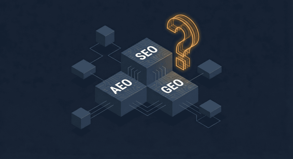 Isometric illustration showing three interconnected data blocks labeled 'SEO', 'AEO', and 'GEO' leading to a glowing orange question mark against a dark technical background.
