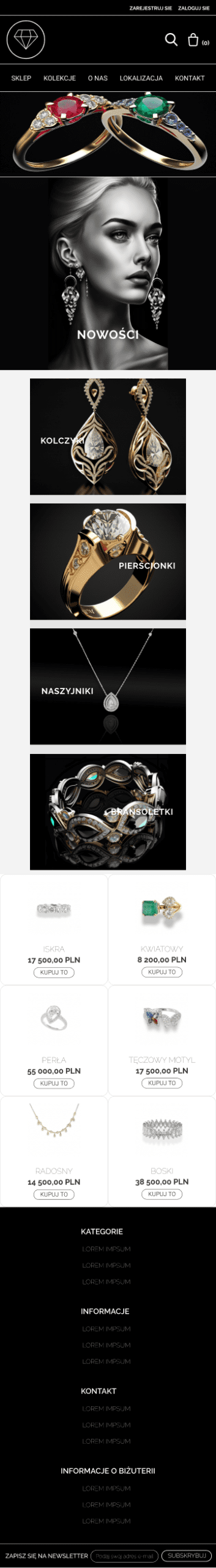 Mobile homepage UX design for a luxury jewelry brand featuring a dark mode hero section and vertical scrolling layout.