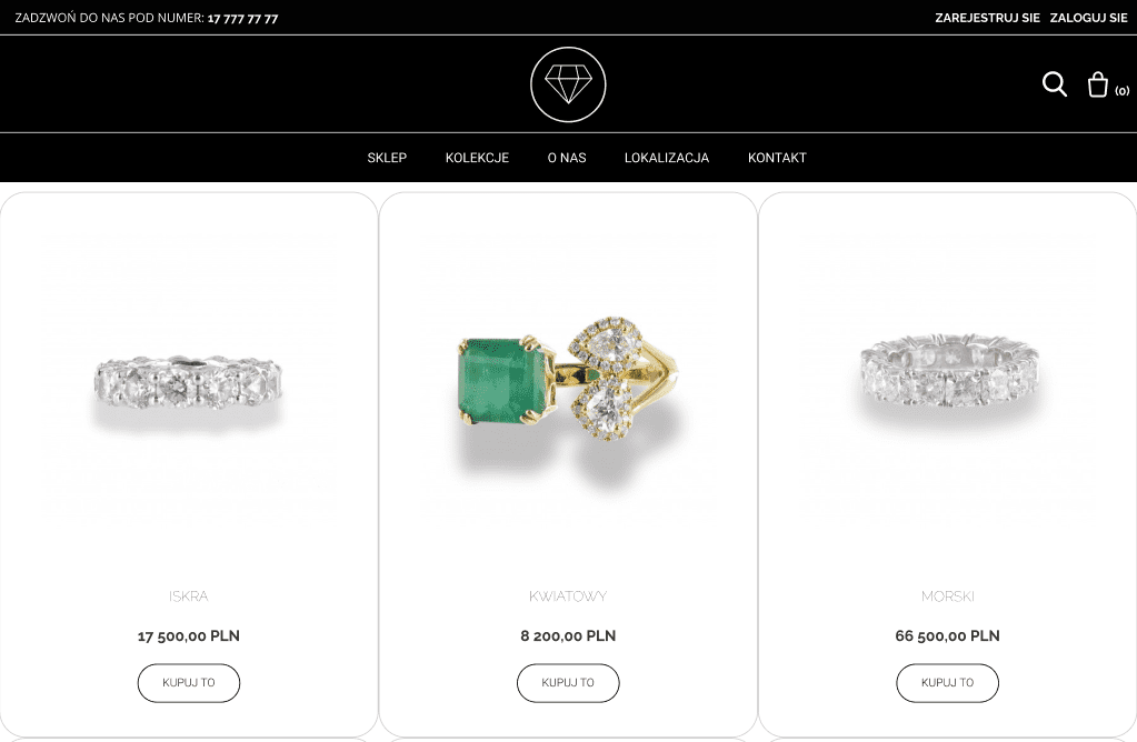 Product collection layout for a luxury jewelry e-commerce store project showing high-fidelity product rendering.